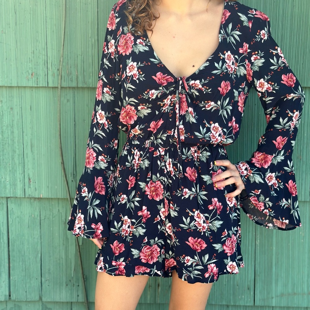 American Eagle Outfitters Blue Tie Front Romper with Bell Sleeves